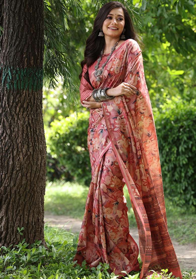 Orange Printed Tussar Silk Blend Saree Set for Diwali and Festive Wear - Indya