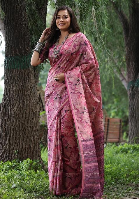 Pink Printed Tussar Silk Saree Set