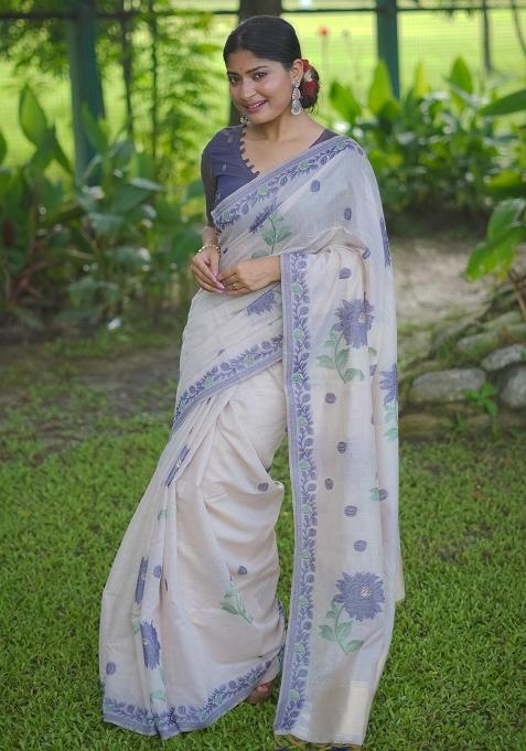 Blue Resham Weaving Cotton Saree Set