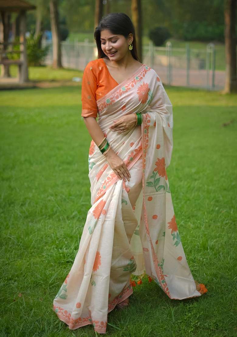 Orange Resham Weaving Cotton Saree Set for Diwali | Wedding & Festive Wear - Indya