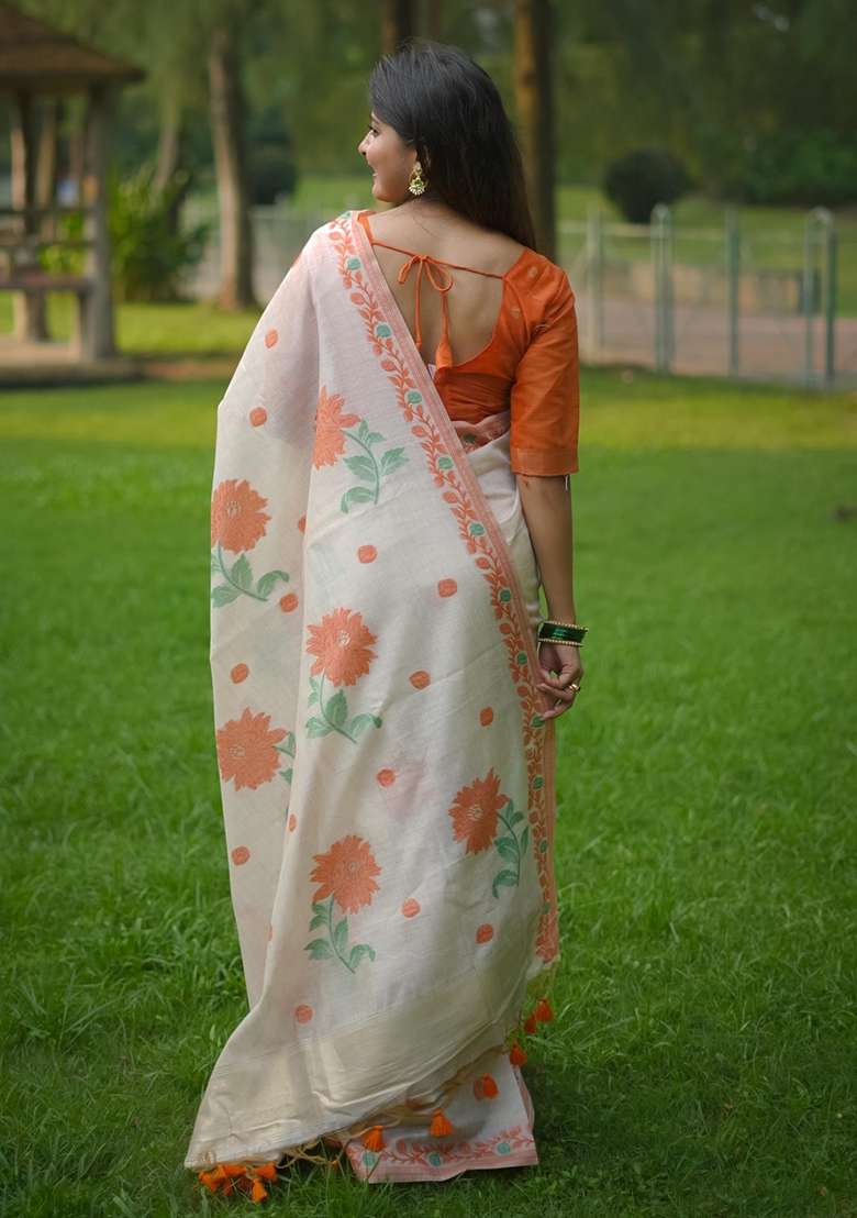 Orange Resham Weaving Cotton Saree Set for Diwali | Wedding & Festive Wear - Indya