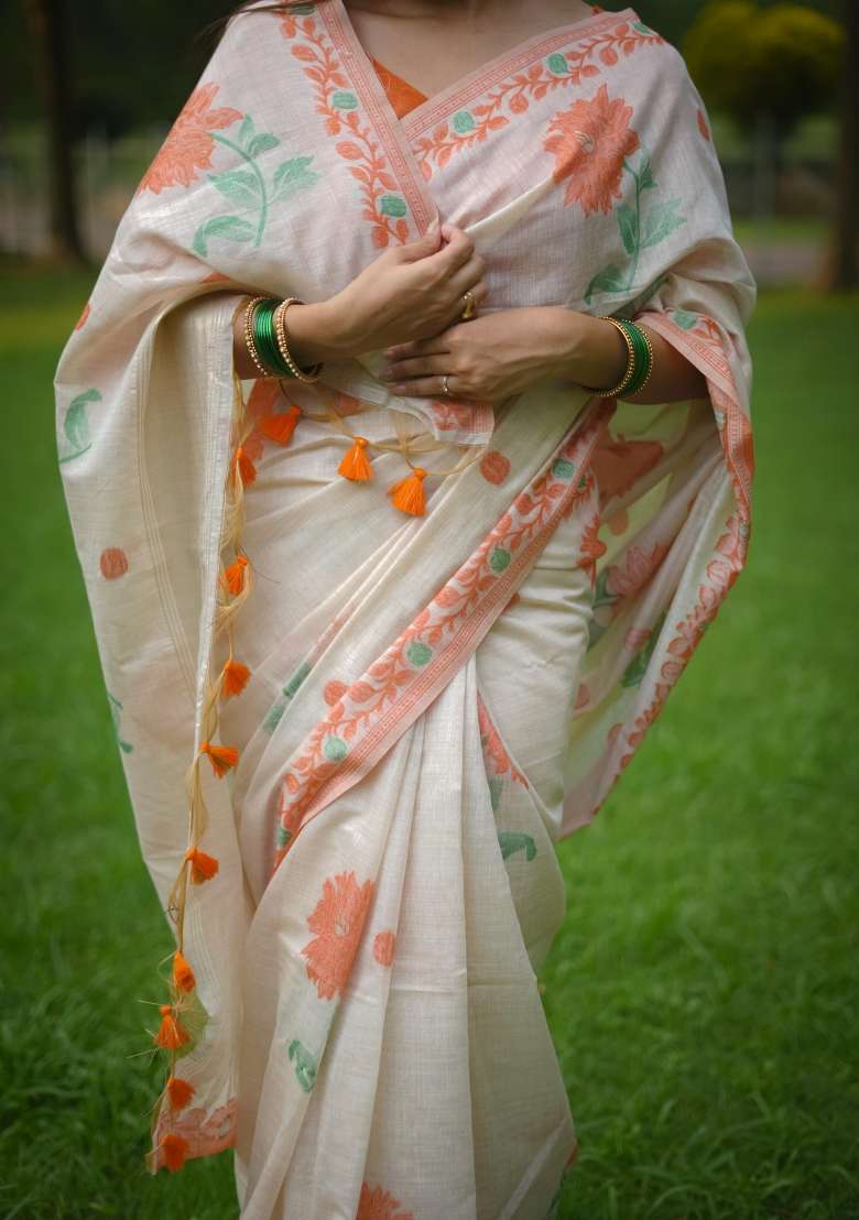 Orange Resham Weaving Cotton Saree Set for Diwali | Wedding & Festive Wear - Indya