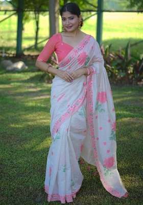 Peach Resham Weaving Cotton Saree Set for Diwali and Festive Wear
