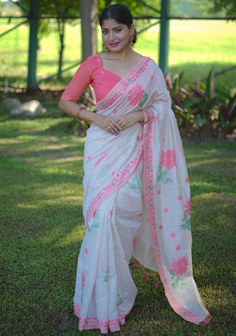 Peach Resham Weaving Cotton Saree Set for Diwali and Festive Wear - Indya