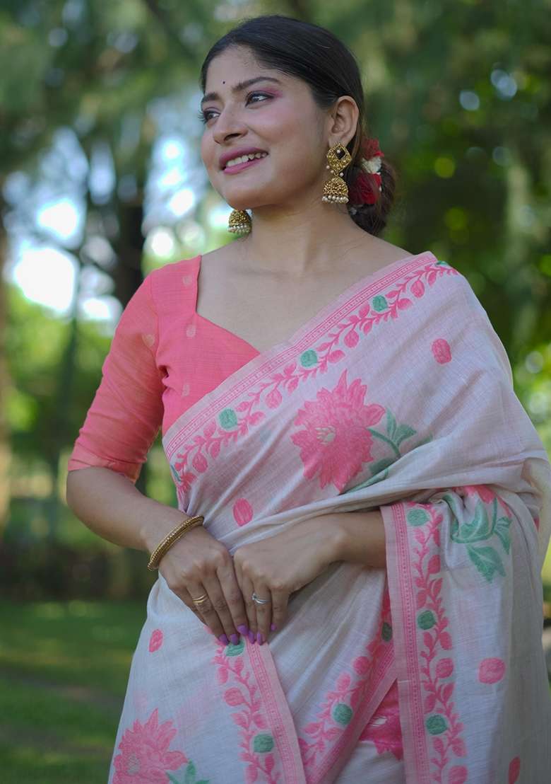 Peach Resham Weaving Cotton Saree Set for Diwali and Festive Wear - Indya