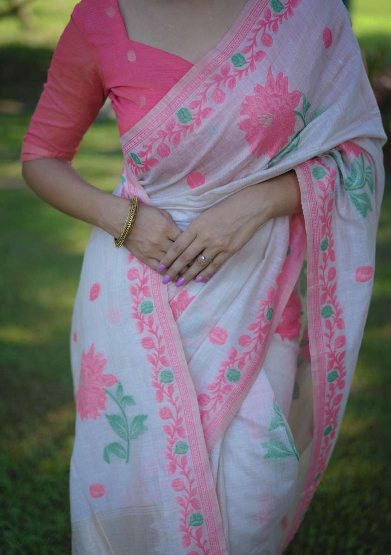 Peach Resham Weaving Cotton Saree Set for Diwali and Festive Wear - Indya