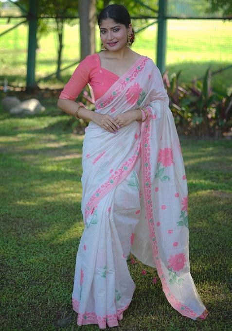 Peach Resham Weaving Cotton Saree Set