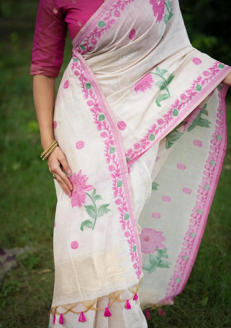 Pink Resham Weaving Cotton Saree Set