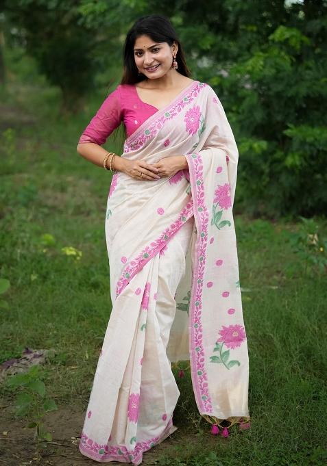 Pink Resham Weaving Cotton Saree Set