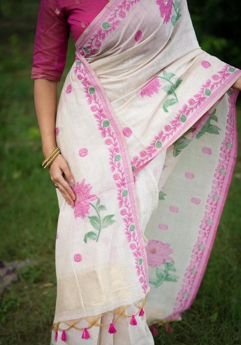 Pink Resham Weaving Cotton Saree Set