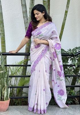 Wine Resham Weaving Cotton Saree Set