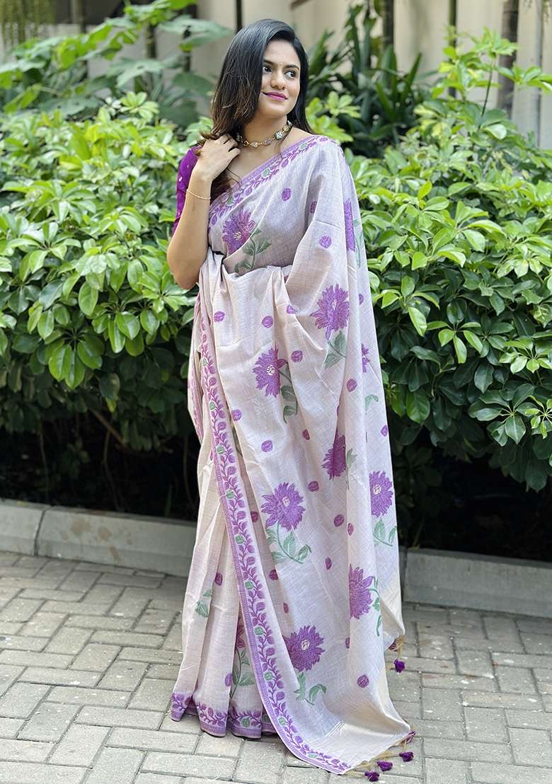 Wine Resham Weaving Cotton Saree Set for Diwali and Festive Wear - Indya
