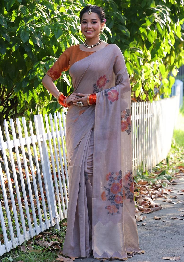 Beige Resham Weaving Cotton Saree Set