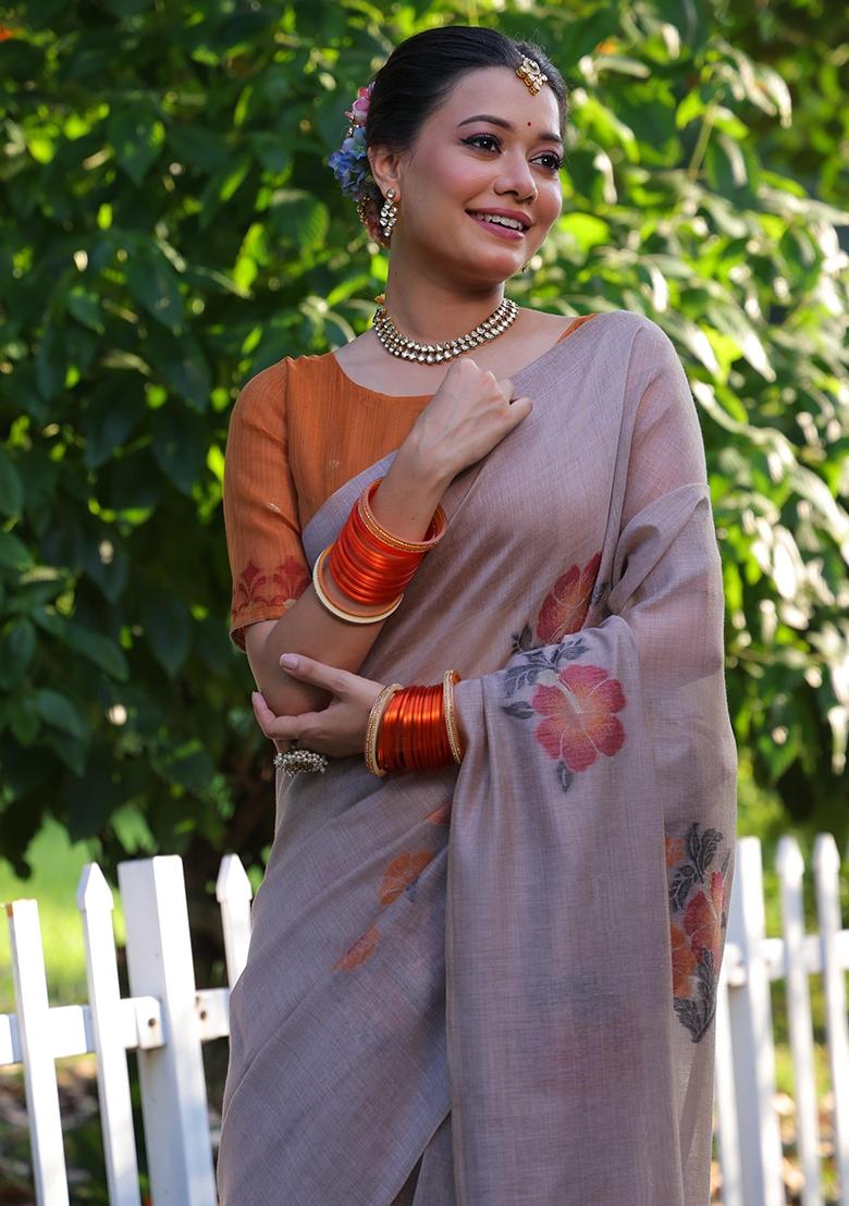 Beige Resham Weaving Cotton Saree Set