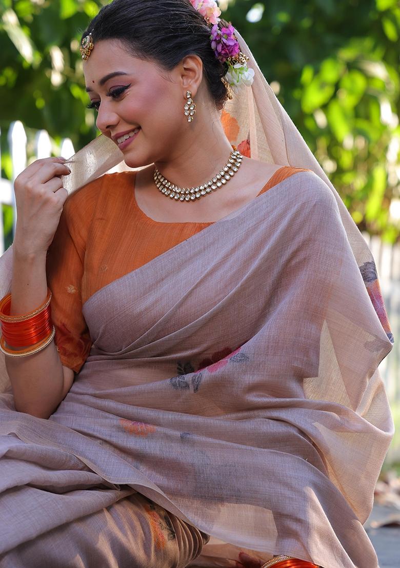 Beige Resham Weaving Cotton Saree Set