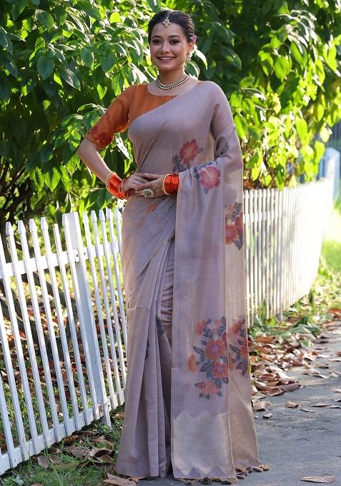 Beige Resham Weaving Cotton Saree Set