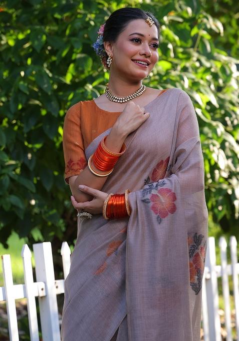 Beige Resham Weaving Cotton Saree Set