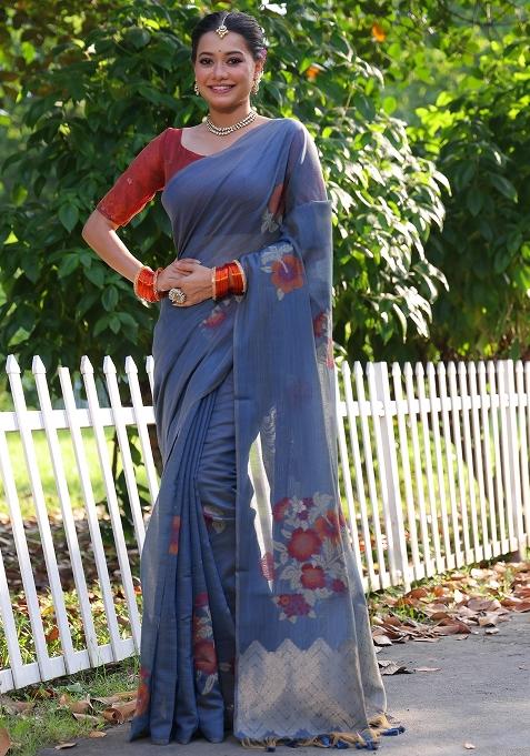 Blue Resham Weaving Cotton Saree Set