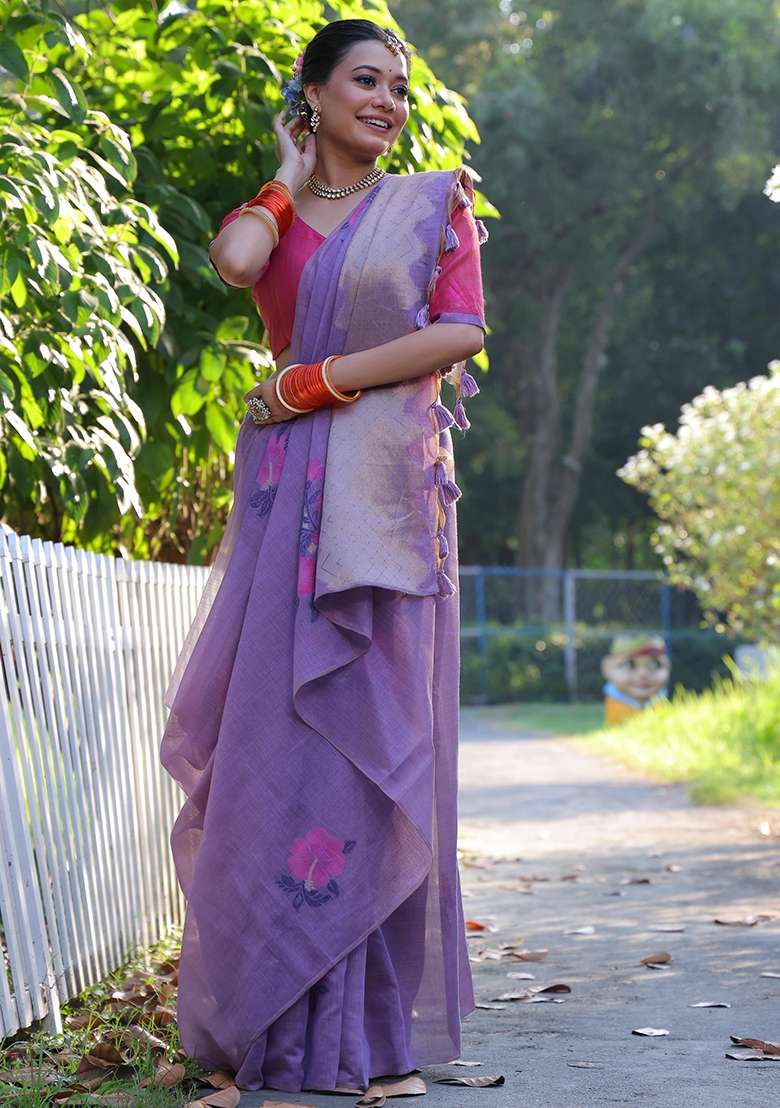 Lavender Resham Weaving Cotton Saree Set for Diwali and Festive Wear - Indya