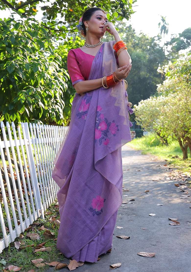 Lavender Resham Weaving Cotton Saree Set for Diwali and Festive Wear - Indya