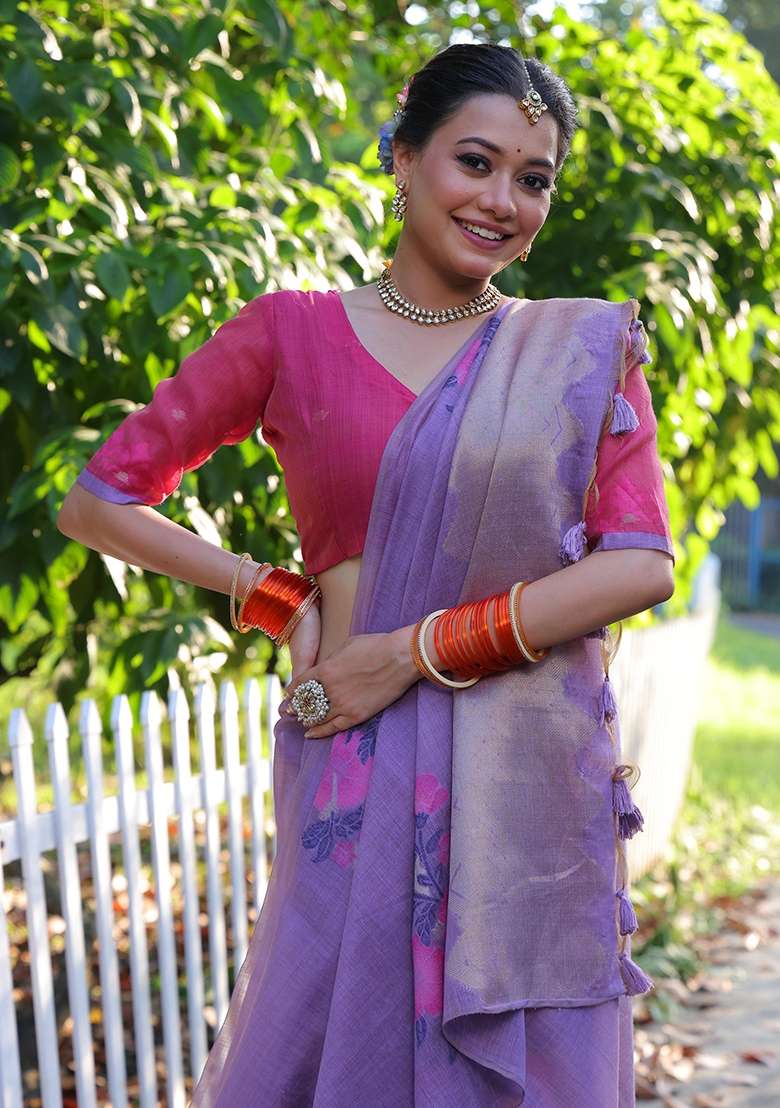 Lavender Resham Weaving Cotton Saree Set for Diwali and Festive Wear - Indya