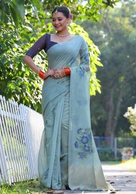 Light Blue Resham Weaving Cotton Saree Set