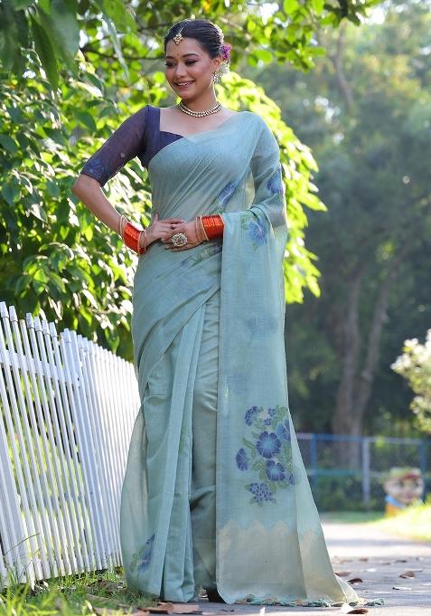 Light Blue Resham Weaving Cotton Saree Set