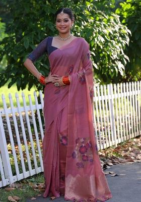 Pink Resham Weaving Cotton Saree Set