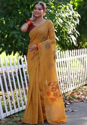 Yellow Resham Weaving Cotton Saree Set