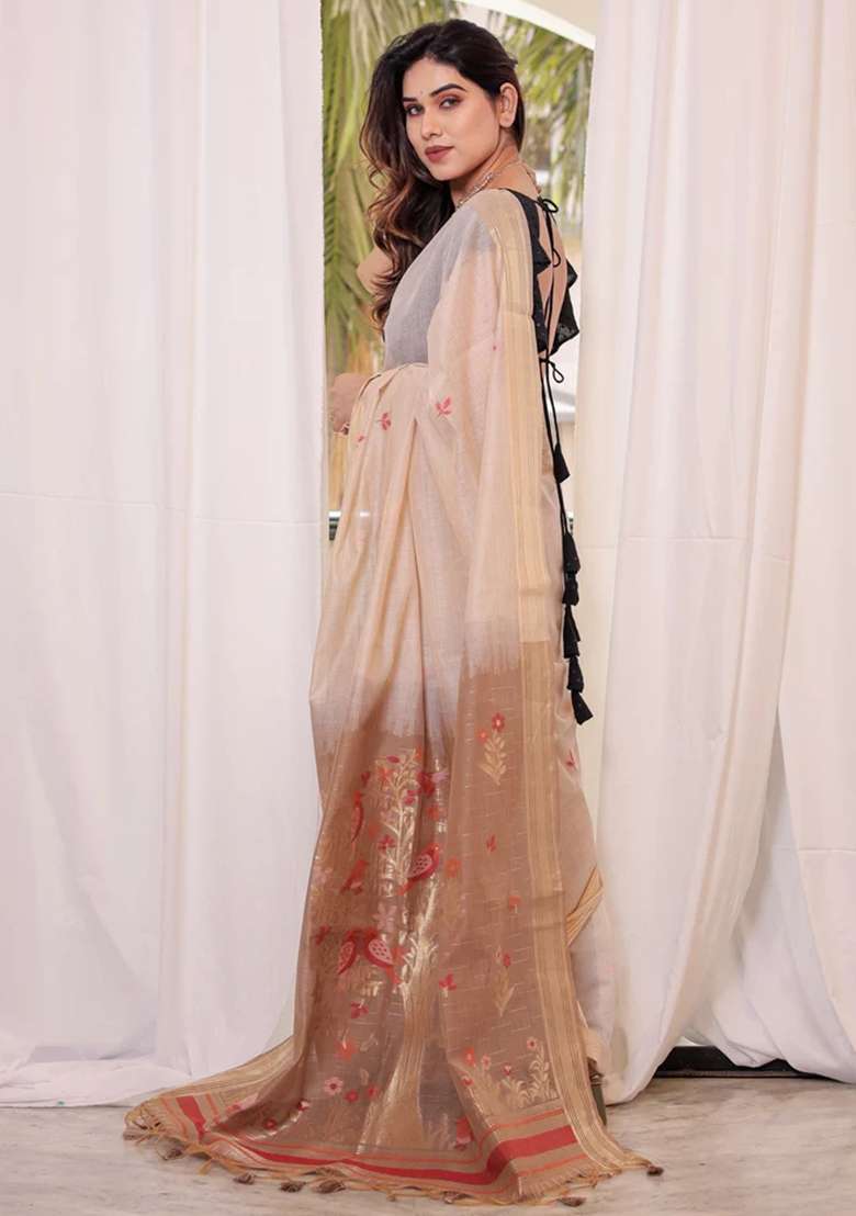 Chiku Brown Resham Weaving Cotton Saree Set for Diwali and Festive Wear - Indya