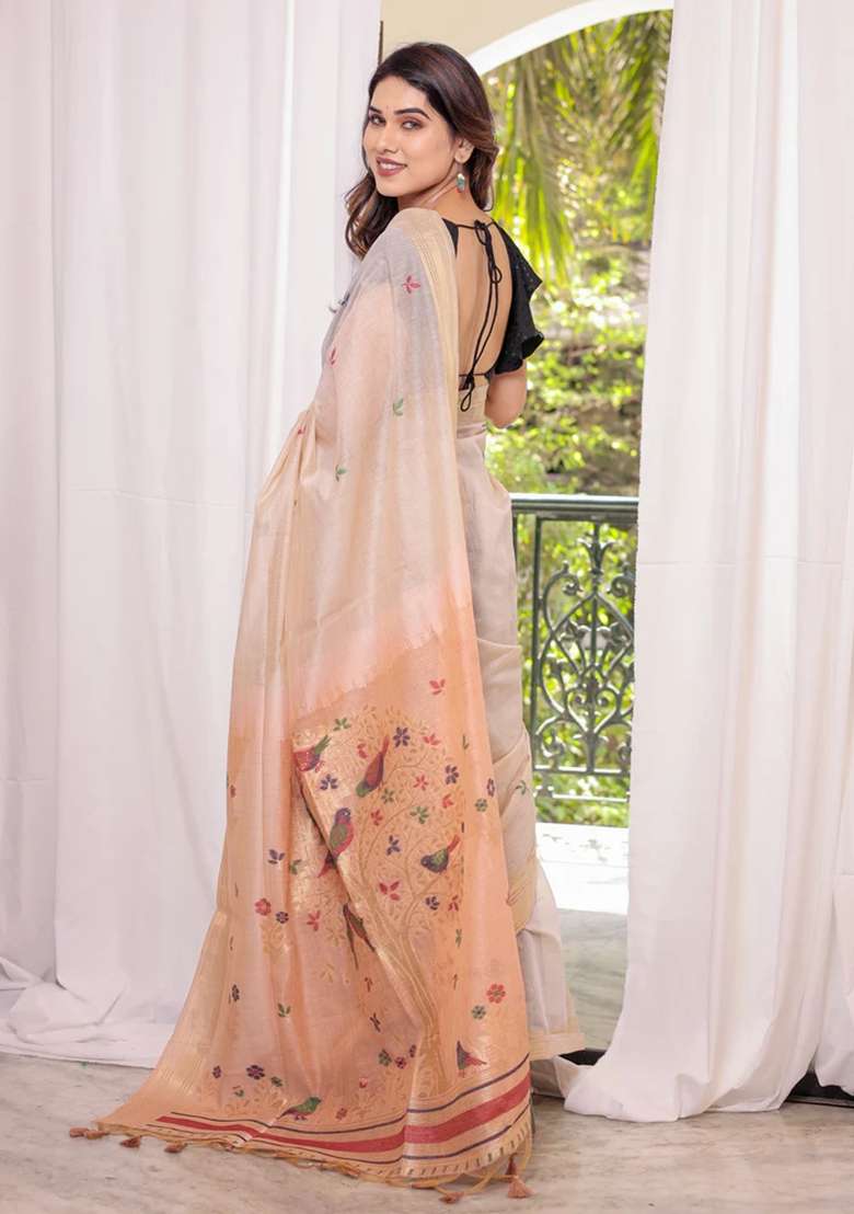 Peach Resham Weaving Cotton Saree Set for Diwali and Festive Wear - Indya