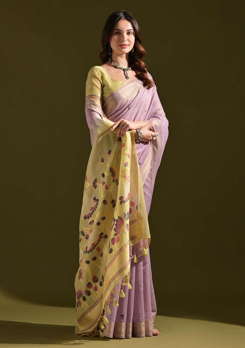 Lavender Resham Weaving Cotton Saree Set for Diwali | Wedding & Festive Wear - Indya
