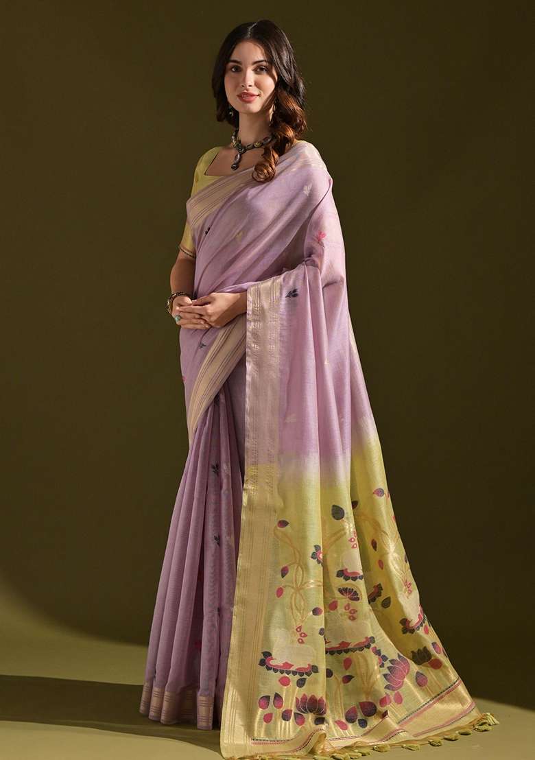 Lavender Resham Weaving Cotton Saree Set for Diwali | Wedding & Festive Wear - Indya