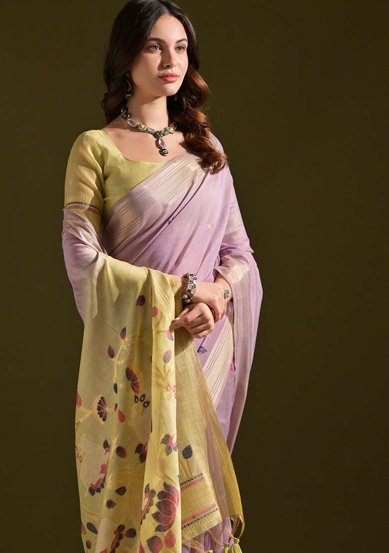 Lavender Resham Weaving Cotton Saree Set for Diwali | Wedding & Festive Wear - Indya
