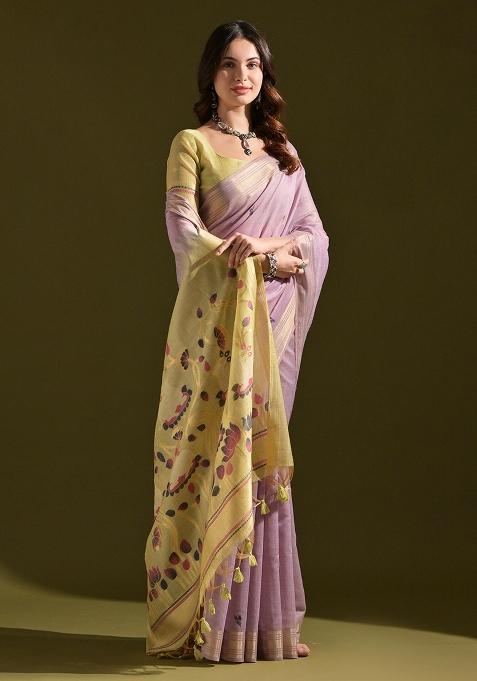 Lavender Resham Weaving Cotton Saree Set