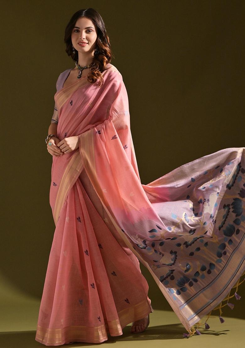 Pink Resham Weaving Cotton Saree Set