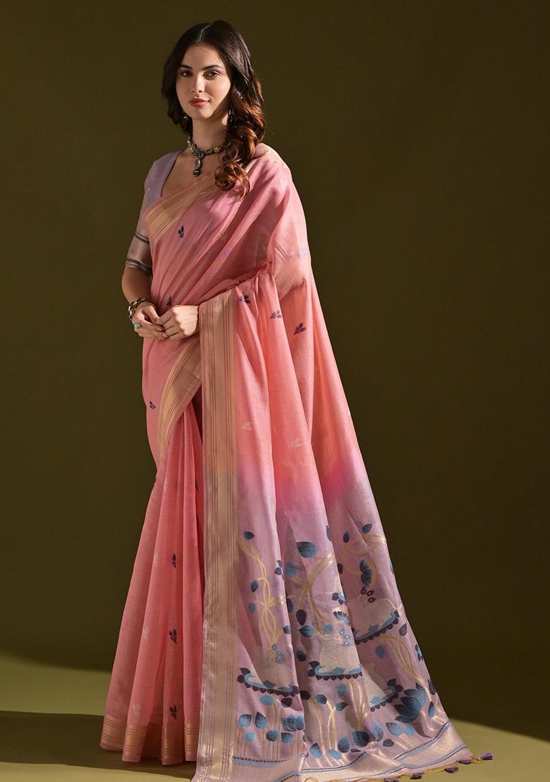 Pink Resham Weaving Cotton Saree Set