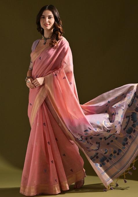 Pink Resham Weaving Cotton Saree Set