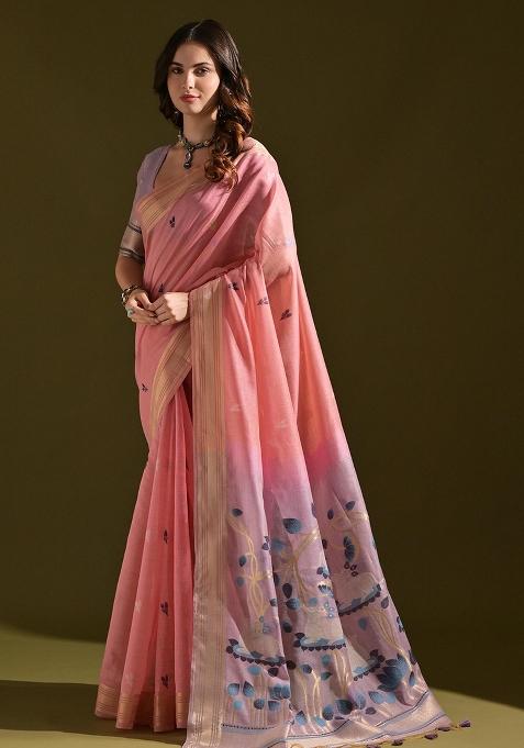 Pink Resham Weaving Cotton Saree Set