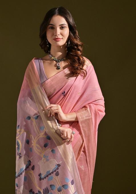 Pink Resham Weaving Cotton Saree Set