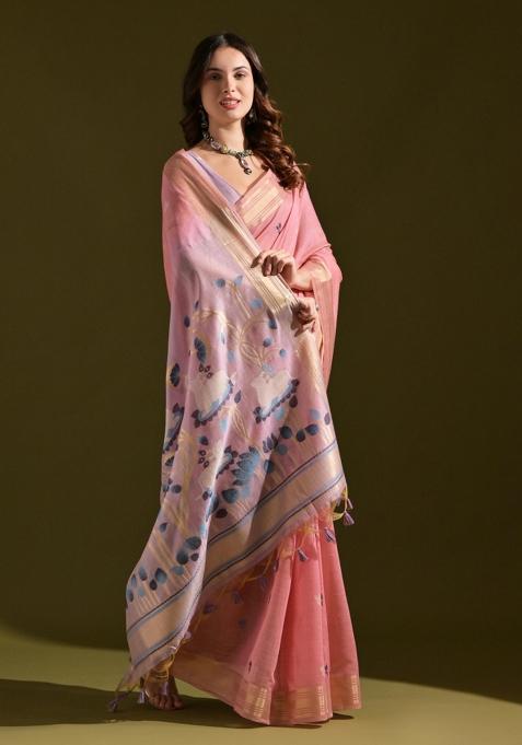 Pink Resham Weaving Cotton Saree Set