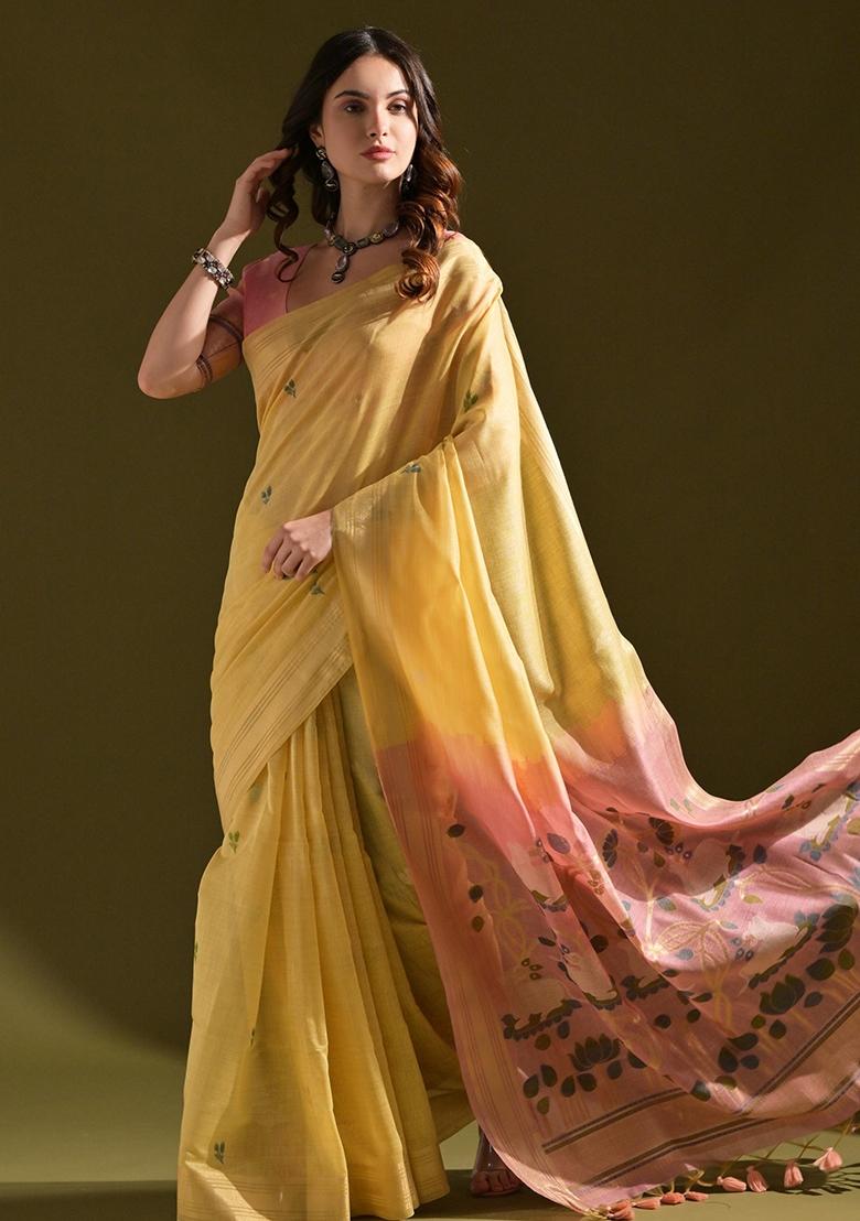 Yellow Resham Weaving Cotton Saree Set