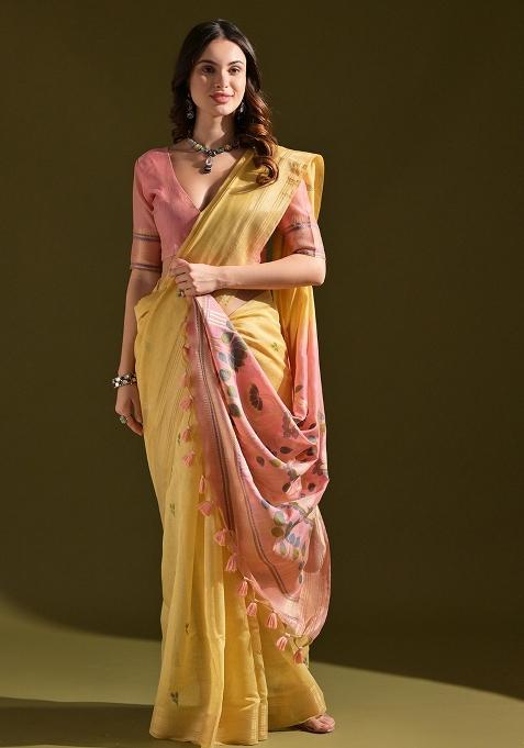 Yellow Resham Weaving Cotton Saree Set