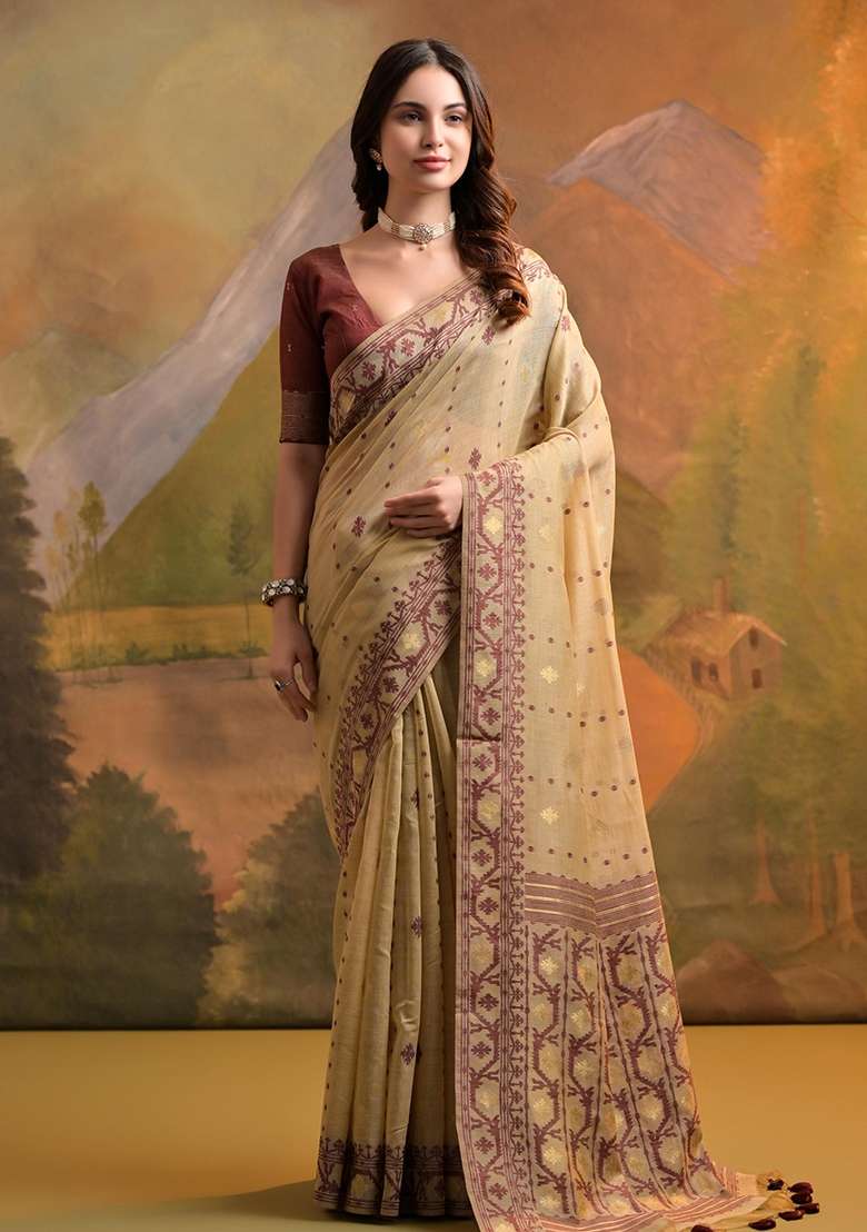 Cream Embroidered Cotton Saree Set for Diwali and Festive Wear - Indya