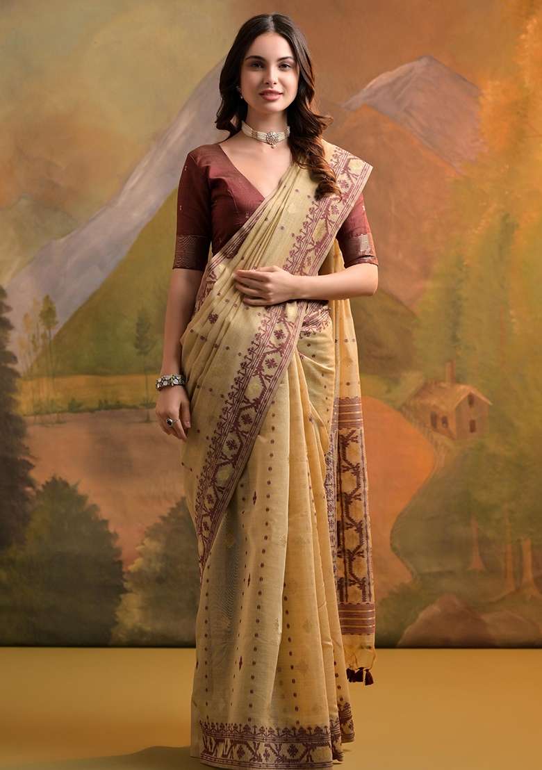 Cream Embroidered Cotton Saree Set for Diwali and Festive Wear - Indya