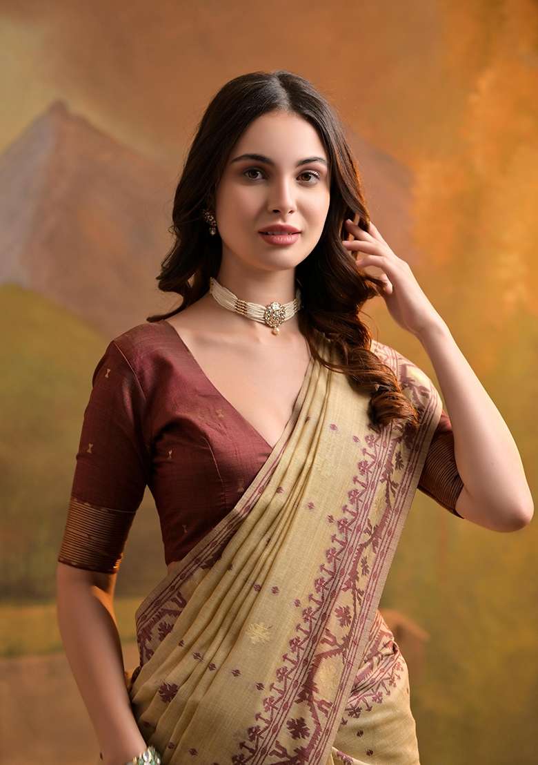Cream Embroidered Cotton Saree Set for Diwali and Festive Wear - Indya