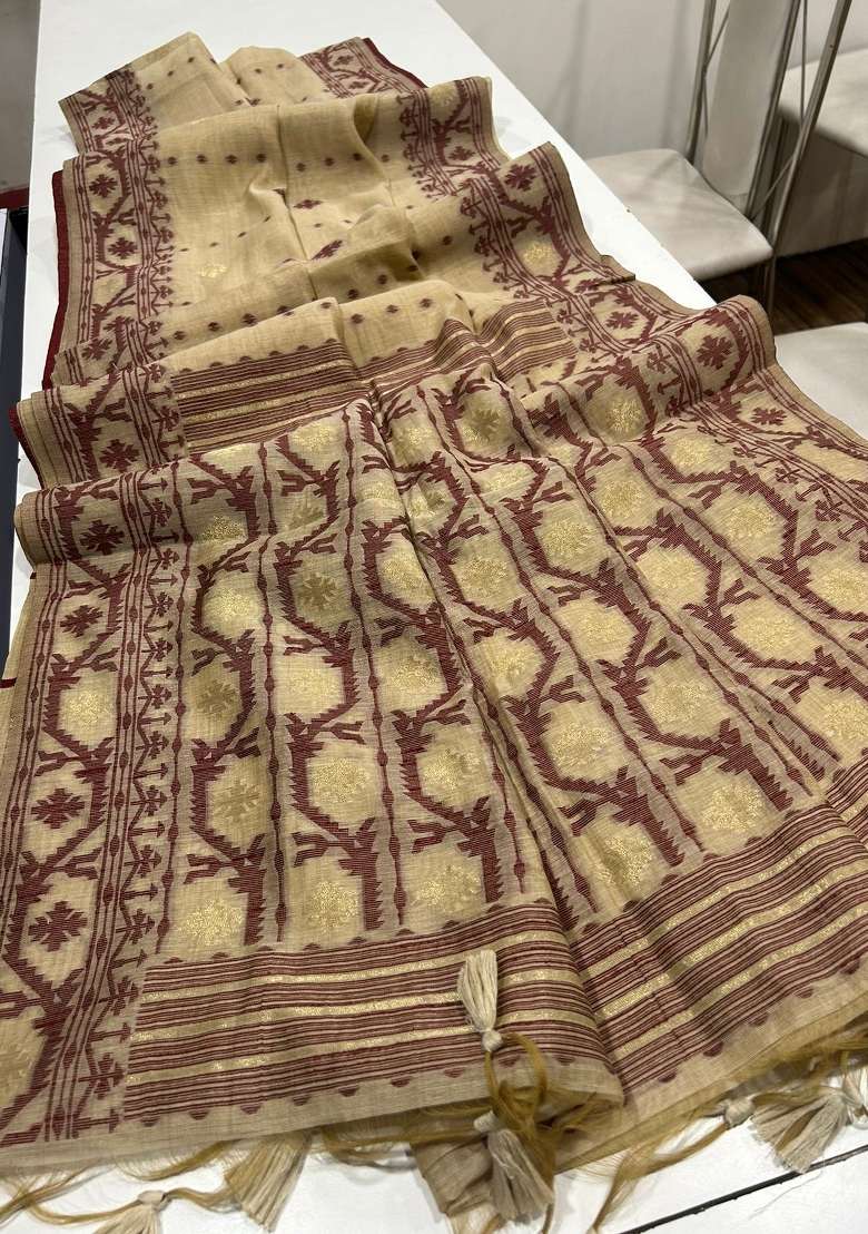 Cream Embroidered Cotton Saree Set for Diwali and Festive Wear - Indya