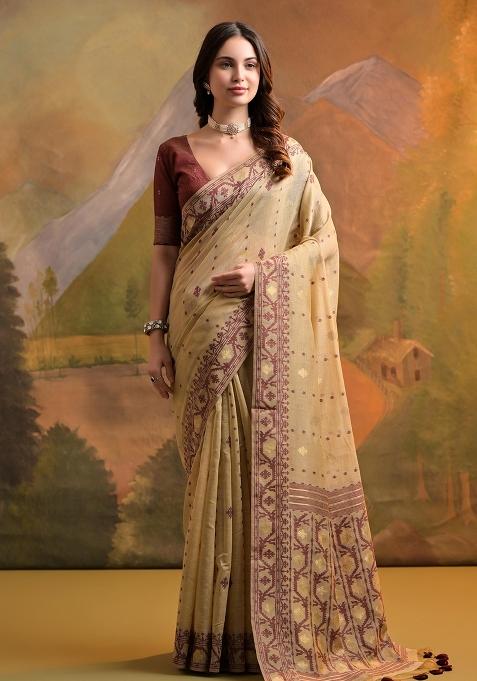 Cream Embroidered Cotton Saree Set