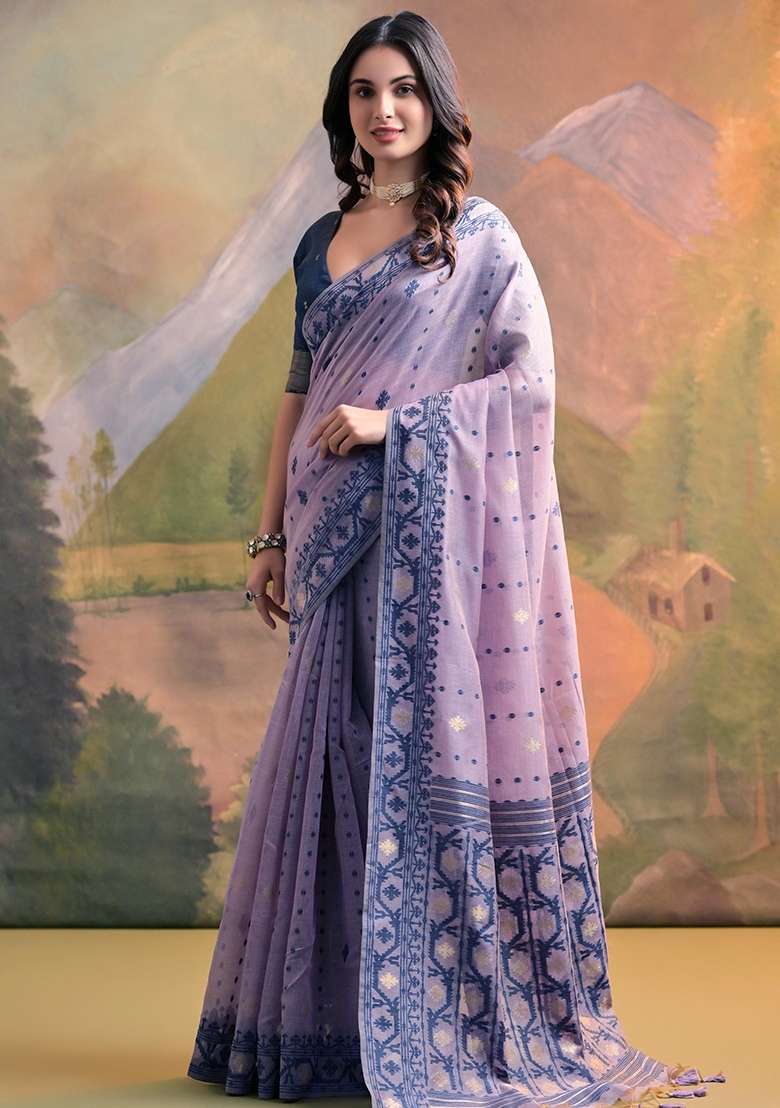 Lavender Cotton Saree Set with Embroidered for Diwali | Wedding & Festive Wear - Indya