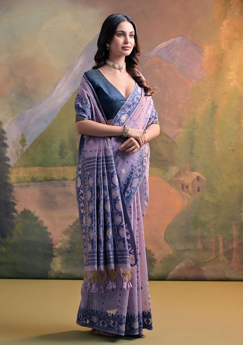 Lavender Cotton Saree Set with Embroidered for Diwali | Wedding & Festive Wear - Indya